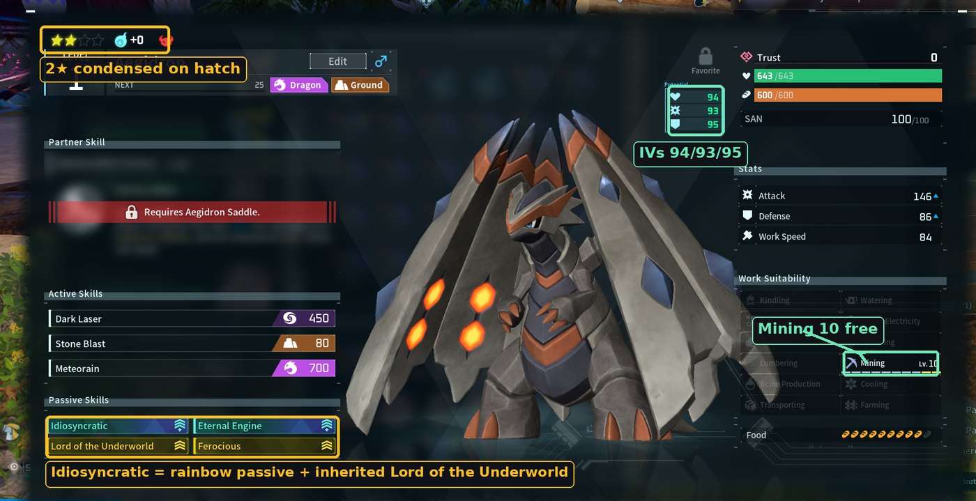 Stat screen of a mutated Aegidron: 2-star, 94/93/95 IVs, Mining level 10, Idiosyncratic rainbow passive