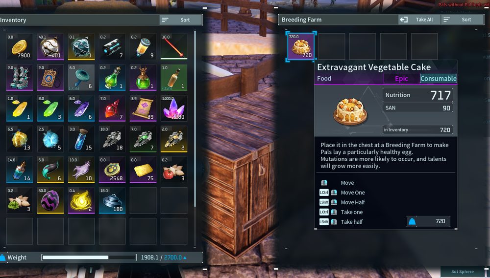 A cake placed in the Breeding Farm chest, with an in-game tooltip about mutations