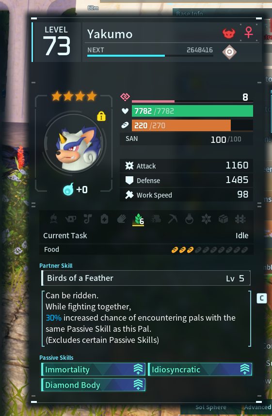 A pal's stat panel showing stacked passive skills including a mutation-only rainbow passive