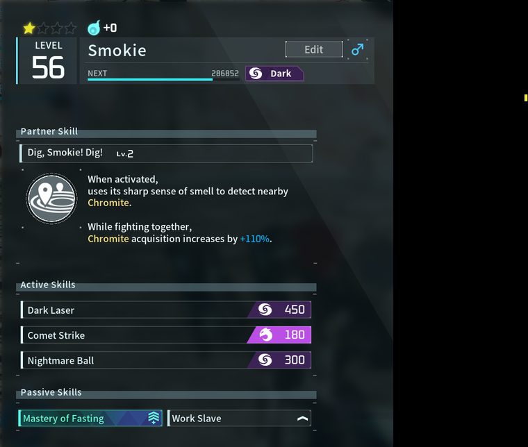 Smokie's partner skill detecting Chromite with a +110% yield bonus