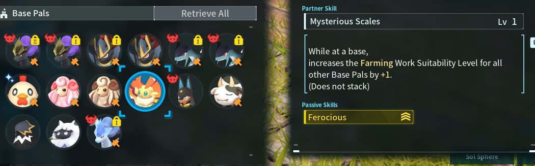 Cinnamoth partner skill Mysterious Scales increasing Farming Work Suitability for all other base pals by 1