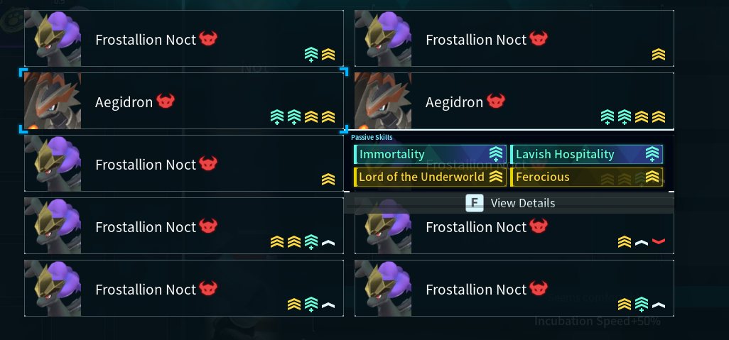 Hatch list showing a mutated Aegidron whose passives include Immortality and Lavish Hospitality