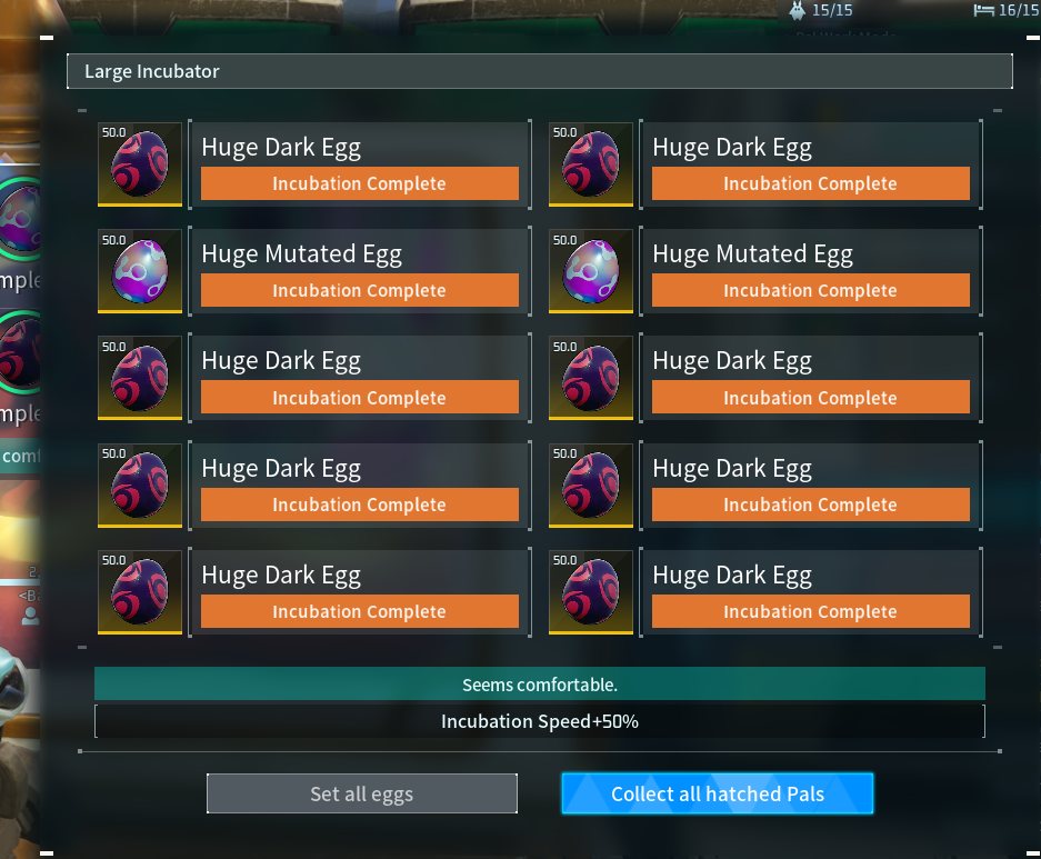 Large Incubator list showing two Huge Mutated Eggs among Huge Dark Eggs