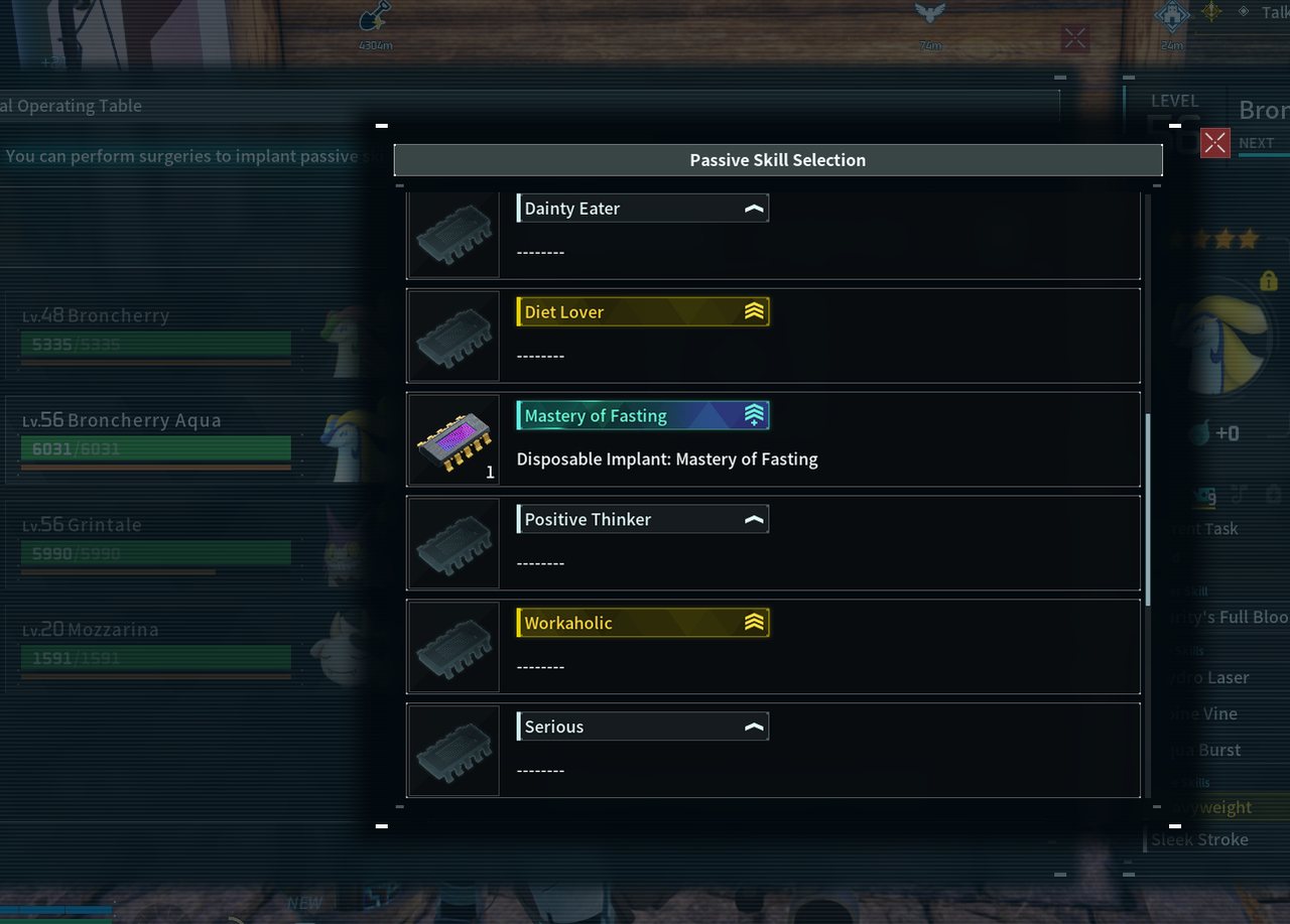 Pal Operating Table passive skill selection showing a Disposable Implant for Mastery of Fasting