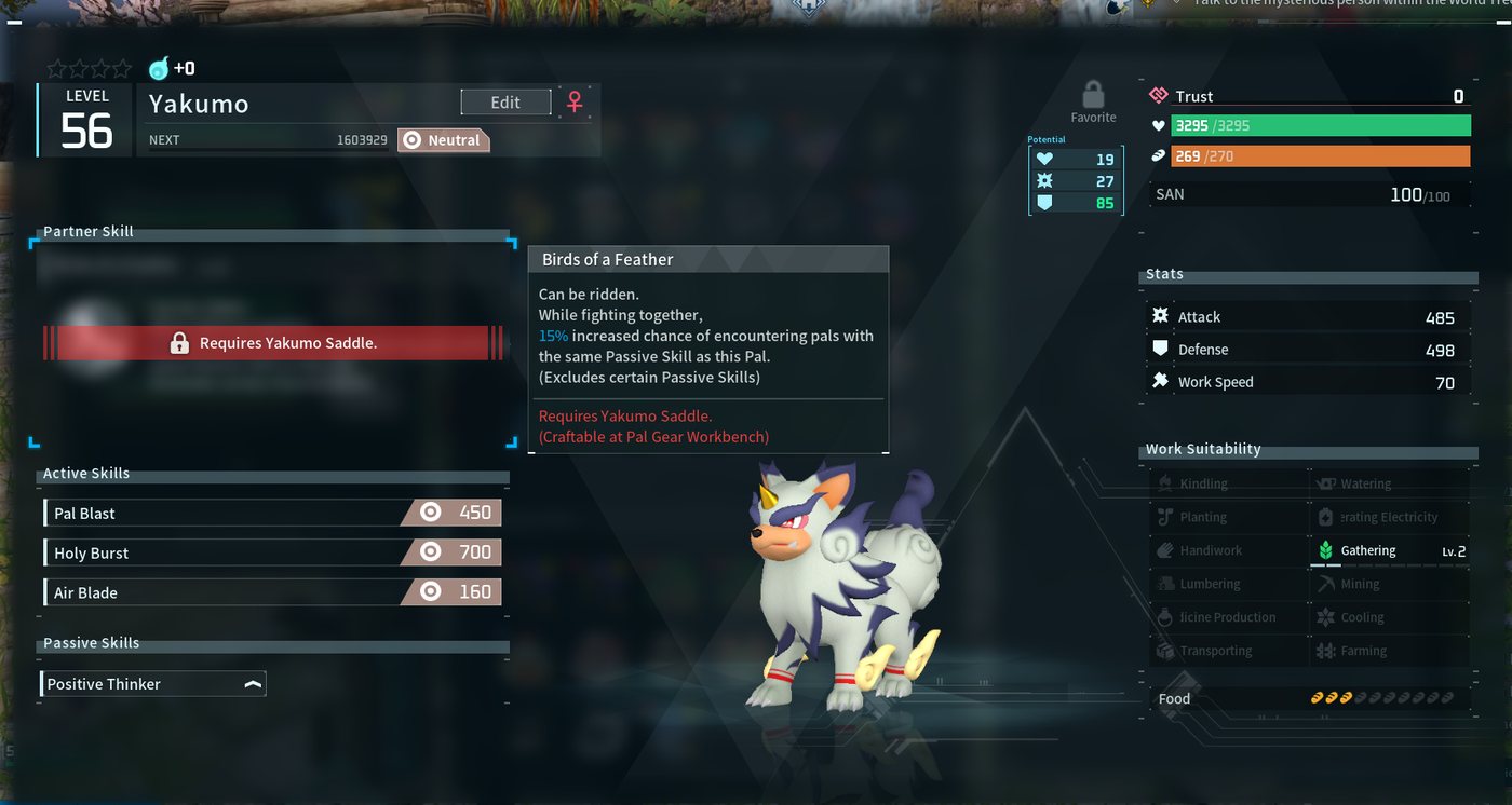 Yakumo stat screen showing the Birds of a Feather partner skill text